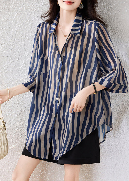 Blue Oversized Striped Chiffon Blouse Top Half Sleeve