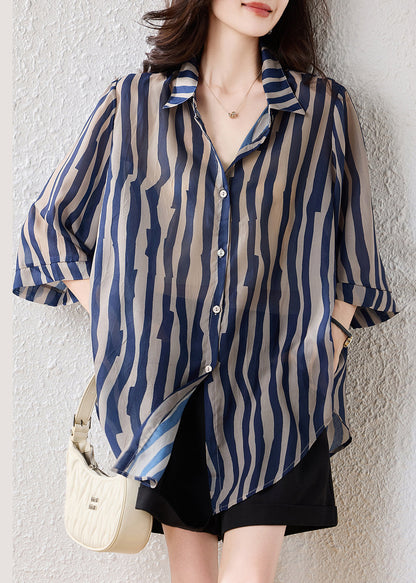 Blue Oversized Striped Chiffon Blouse Top Half Sleeve