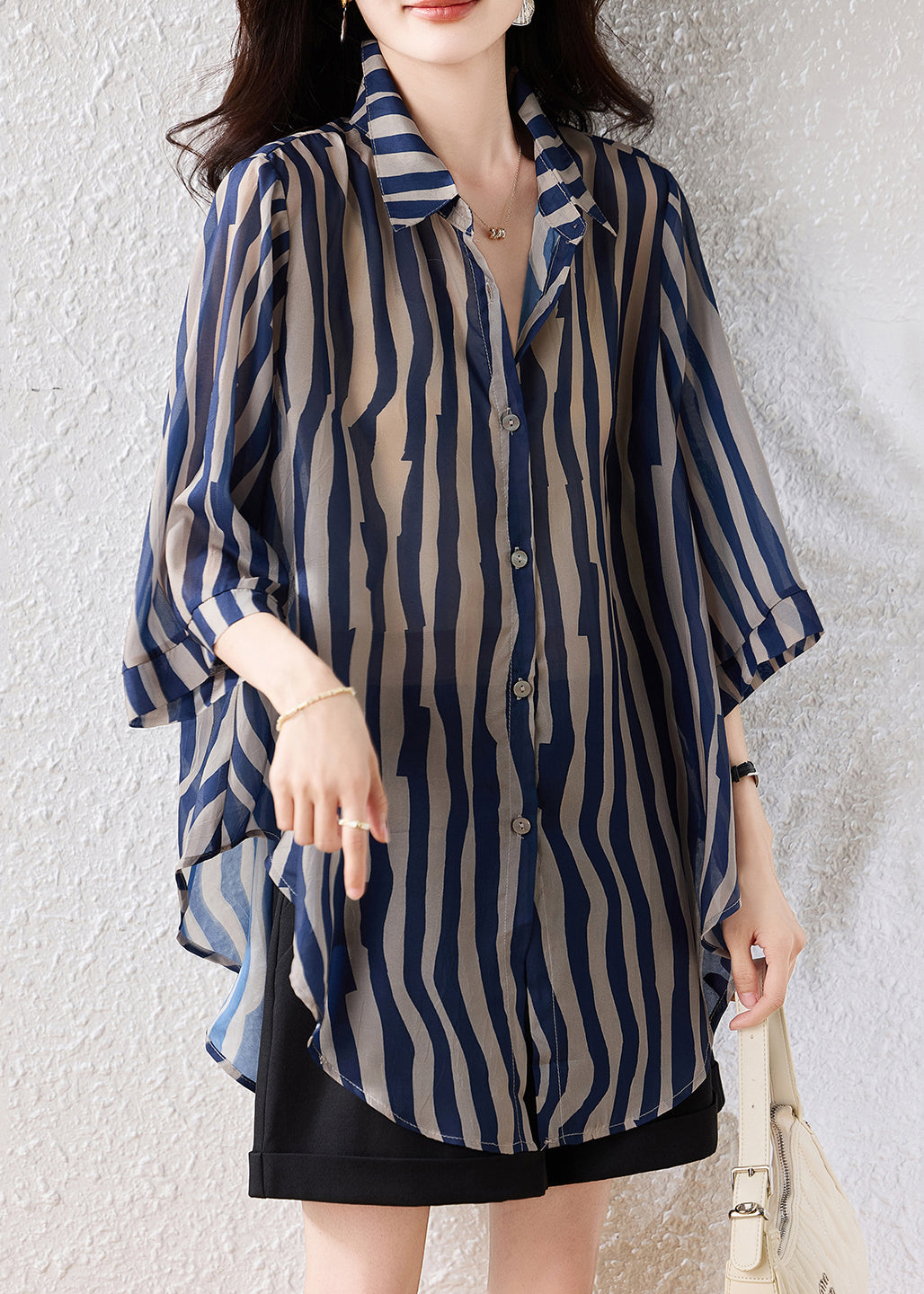 Blue Oversized Striped Chiffon Blouse Top Half Sleeve