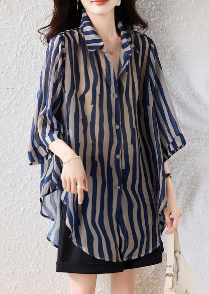 Blue Oversized Striped Chiffon Blouse Top Half Sleeve