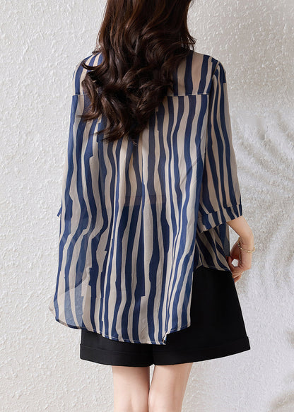 Blue Oversized Striped Chiffon Blouse Top Half Sleeve