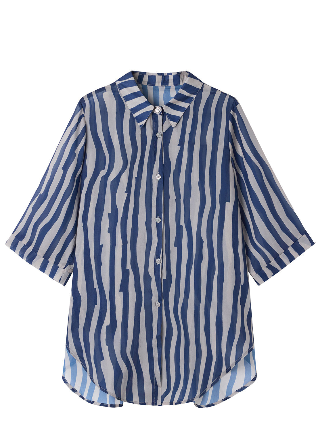 Blue Oversized Striped Chiffon Blouse Top Half Sleeve