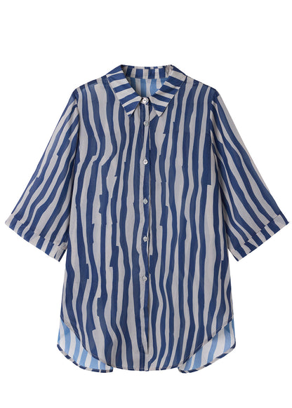 Blue Oversized Striped Chiffon Blouse Top Half Sleeve