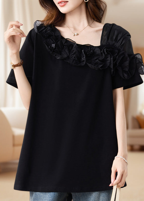 French Black Asymmetrical Patchwork Ruffles Blouse Top