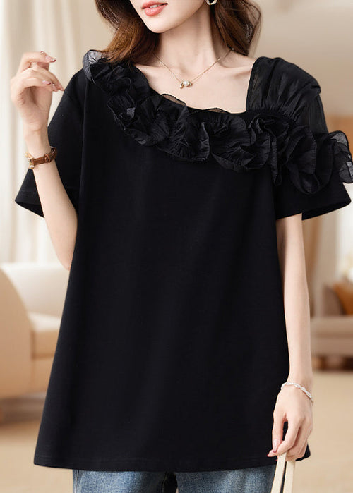 French Black Asymmetrical Patchwork Ruffles Blouse Top