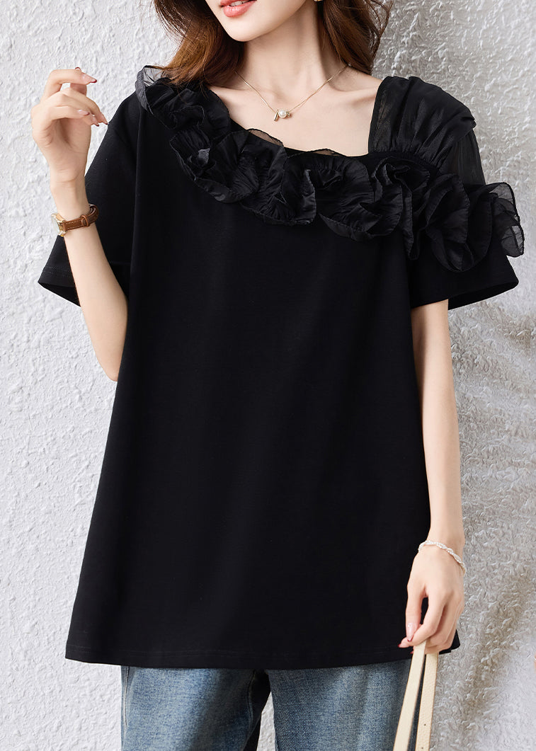 French Black Asymmetrical Patchwork Ruffles Blouse Top