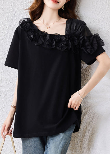 French Black Asymmetrical Patchwork Ruffles Blouse Top