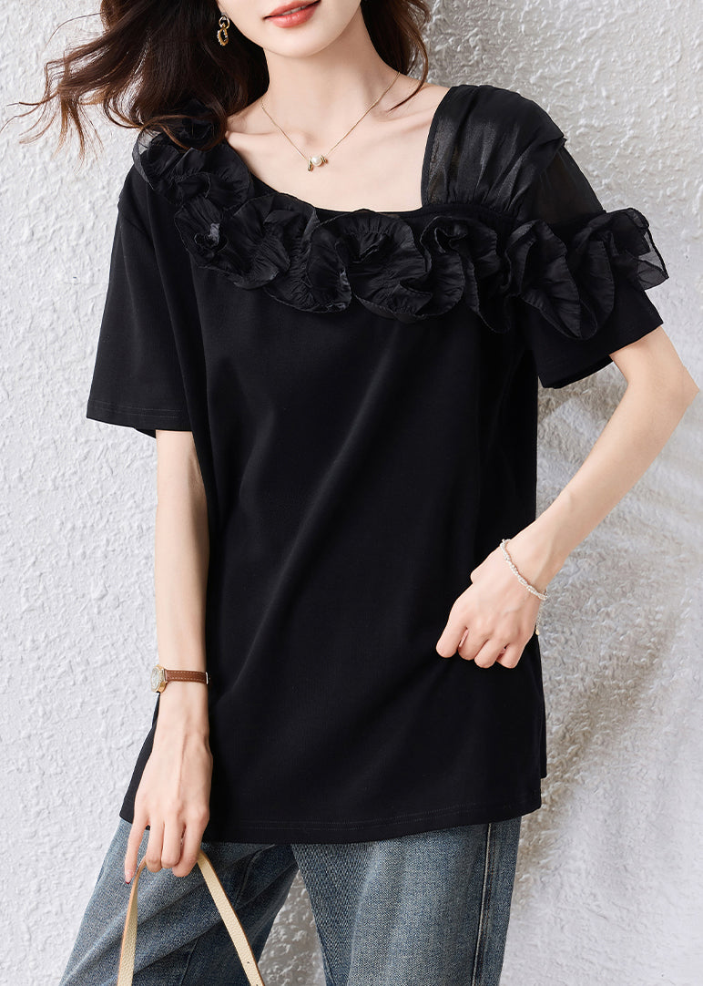 French Black Asymmetrical Patchwork Ruffles Blouse Top