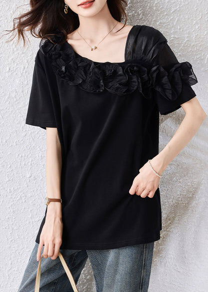 French Black Asymmetrical Patchwork Ruffles Blouse Top