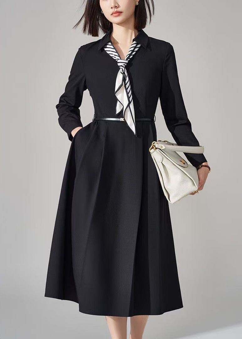 French Black Bow Pockets Sashes Woolen Long Dress