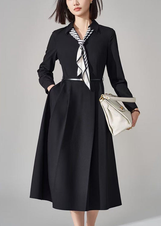 French Black Bow Pockets Sashes Woolen Long Dress