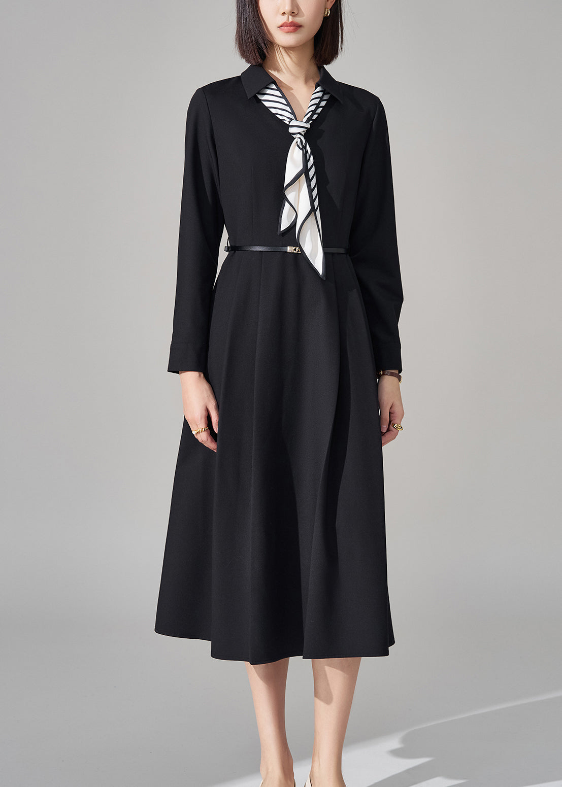 French Black Bow Pockets Sashes Woolen Long Dress