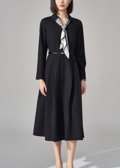 French Black Bow Pockets Sashes Woolen Long Dress