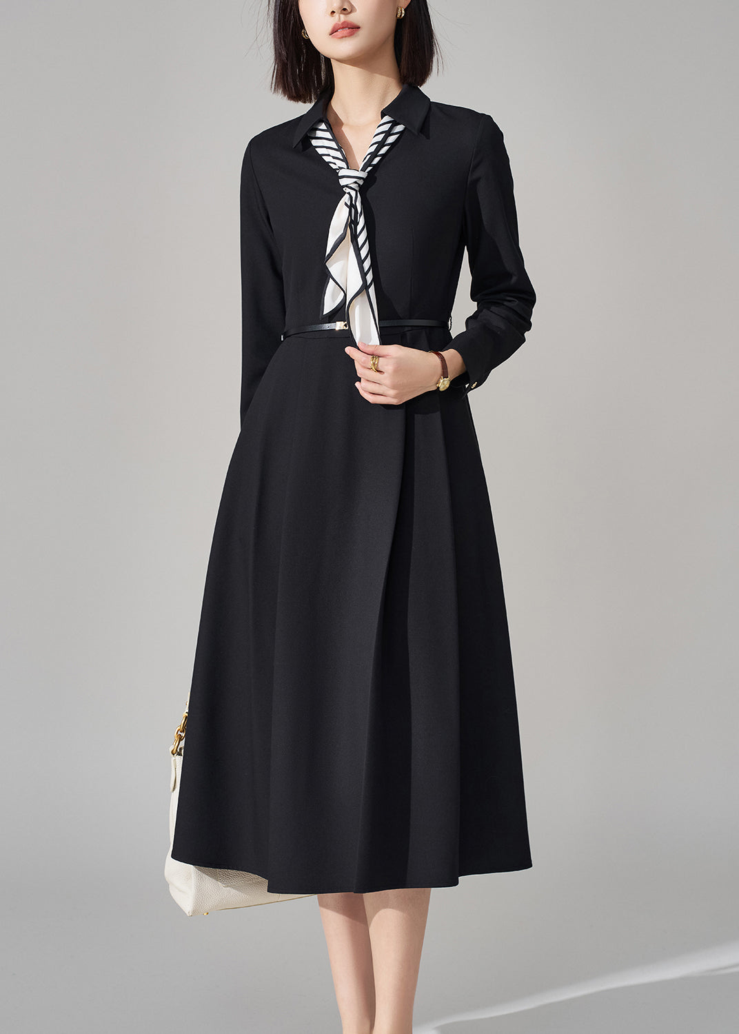 French Black Bow Pockets Sashes Woolen Long Dress