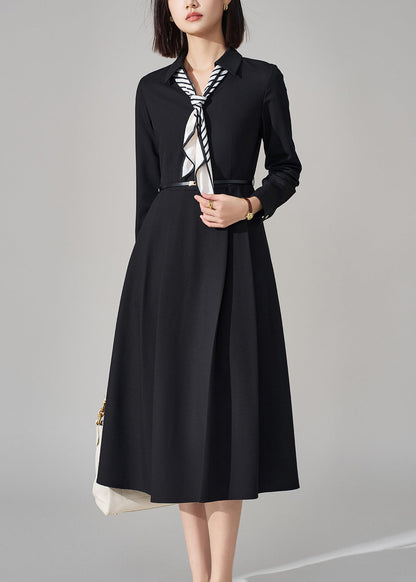 French Black Bow Pockets Sashes Woolen Long Dress