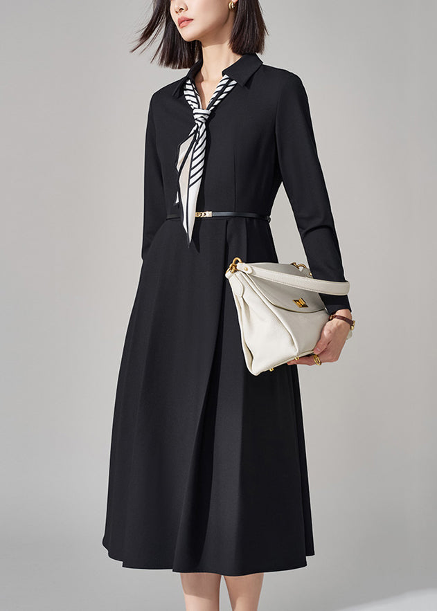 French Black Bow Pockets Sashes Woolen Long Dress