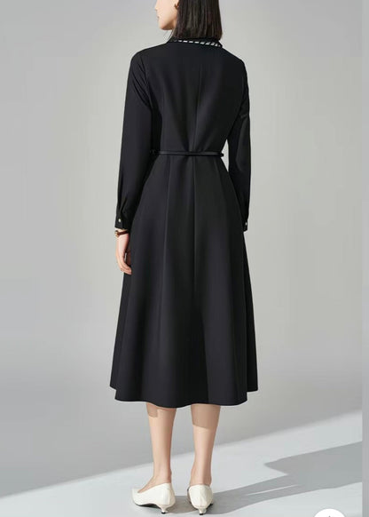 French Black Bow Pockets Sashes Woolen Long Dress