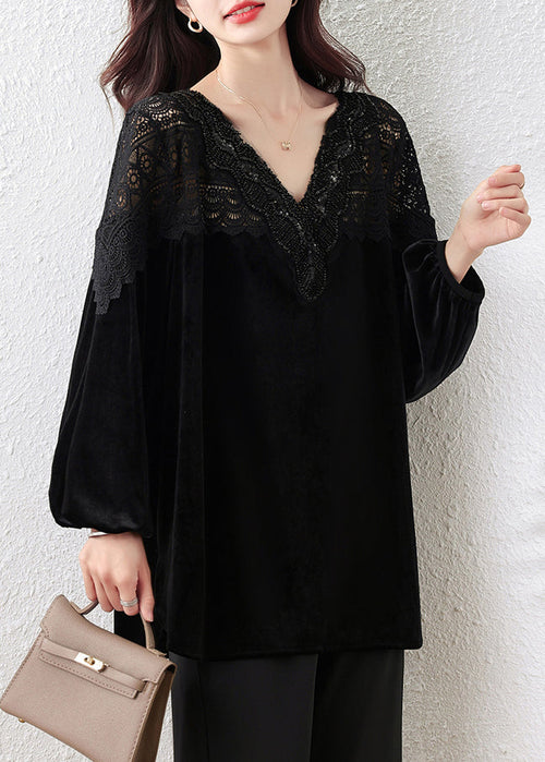 French Black V-Neck Lace Patchwork Silk Velour Tops