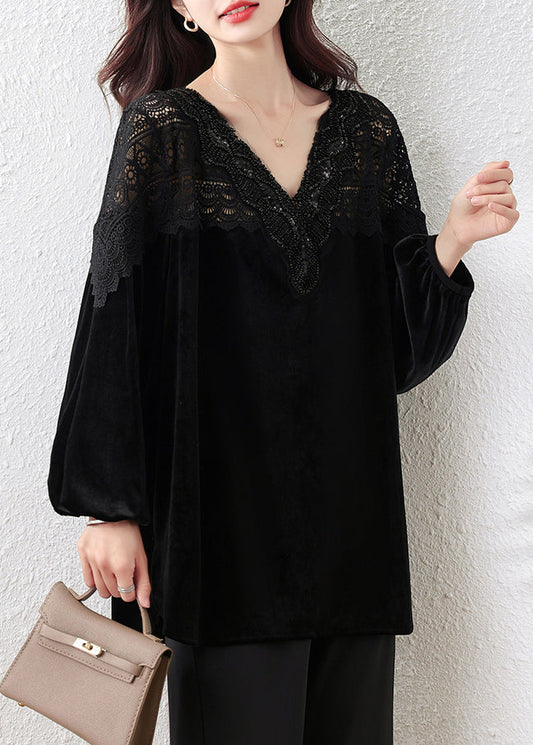 French Black V-Neck Lace Patchwork Silk Velour Tops