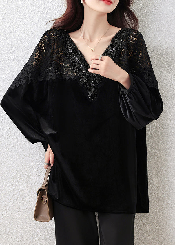 French Black V-Neck Lace Patchwork Silk Velour Tops