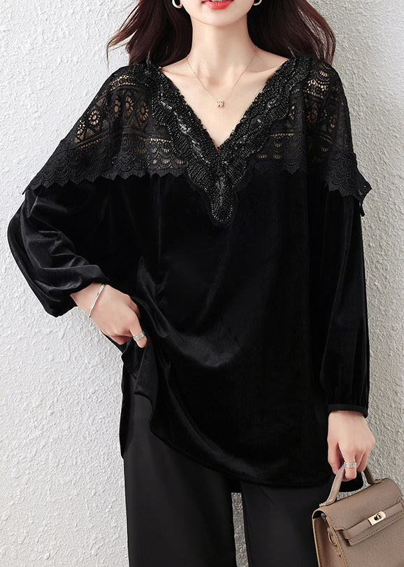 French Black V-Neck Lace Patchwork Silk Velour Tops