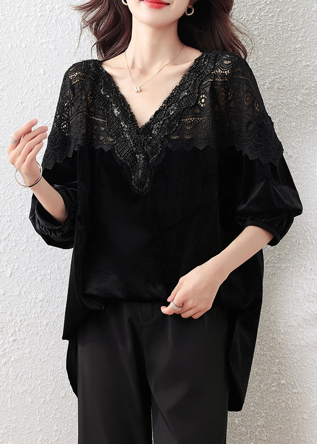 French Black V-Neck Lace Patchwork Silk Velour Tops