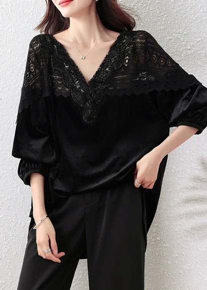 French Black V-Neck Lace Patchwork Silk Velour Tops