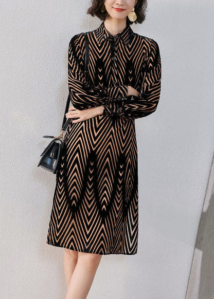 French Striped Peter Pan Collar Button Silk Velour Shirts Dress