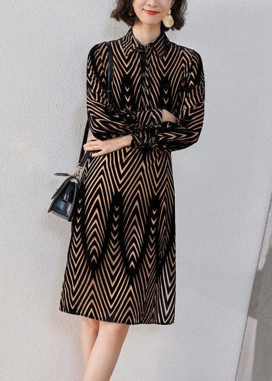 French Striped Peter Pan Collar Button Silk Velour Shirts Dress