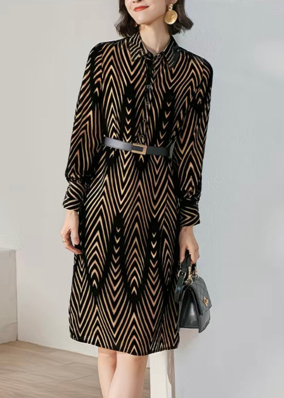 French Striped Peter Pan Collar Button Silk Velour Shirts Dress