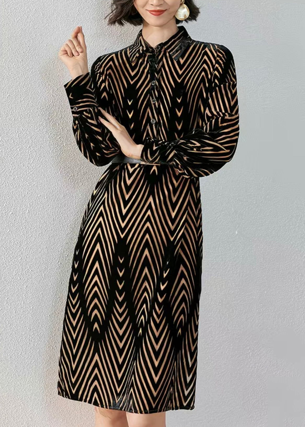 French Striped Peter Pan Collar Button Silk Velour Shirts Dress