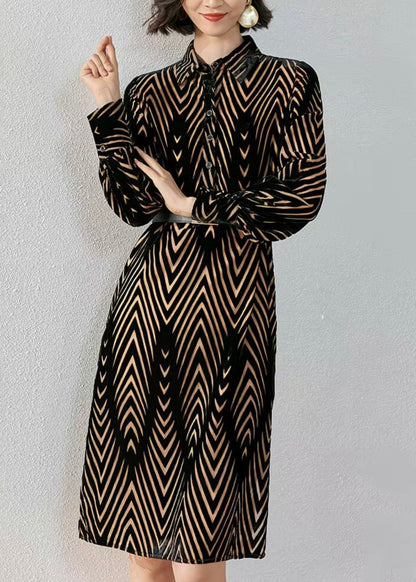 French Striped Peter Pan Collar Button Silk Velour Shirts Dress