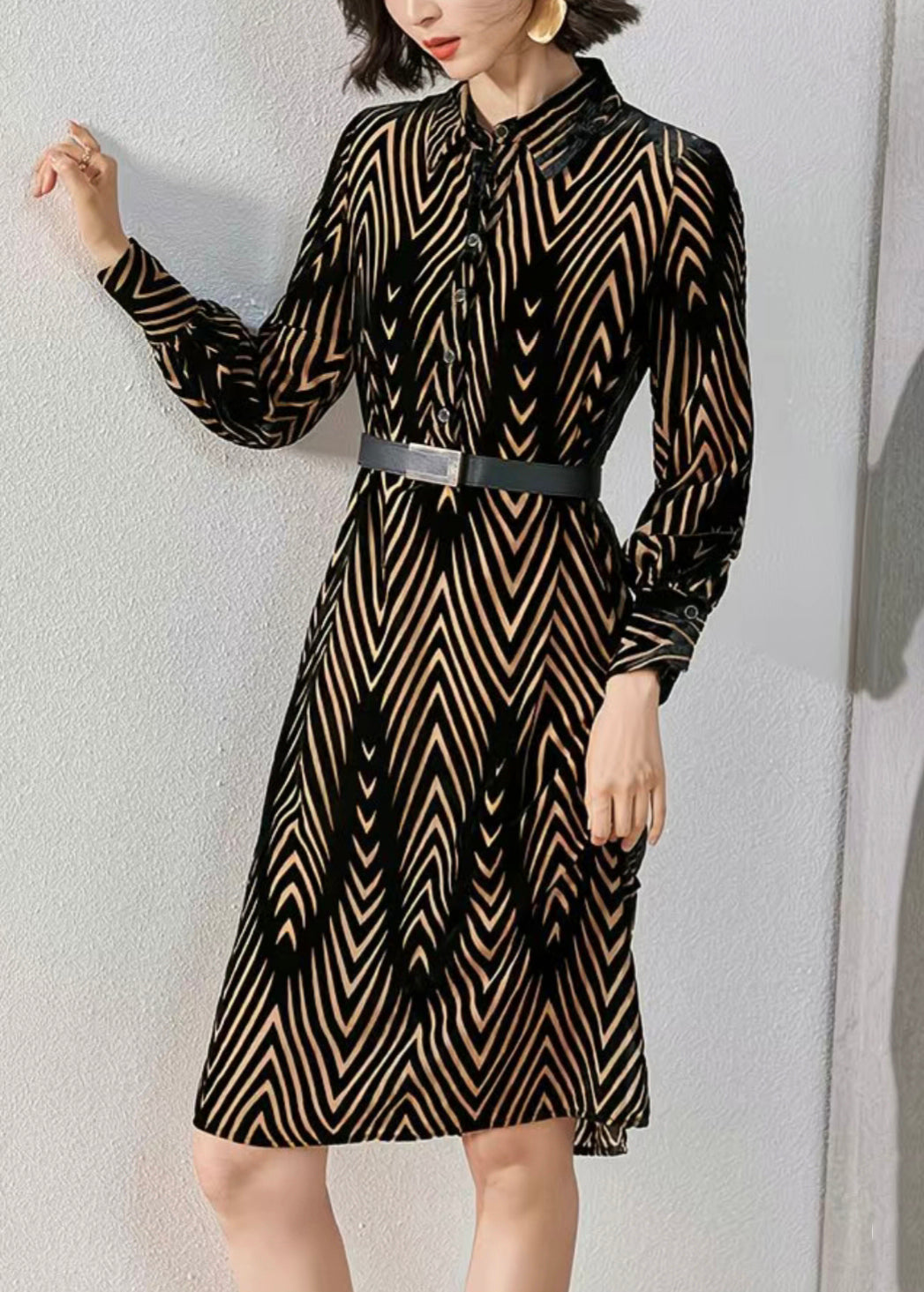 French Striped Peter Pan Collar Button Silk Velour Shirts Dress