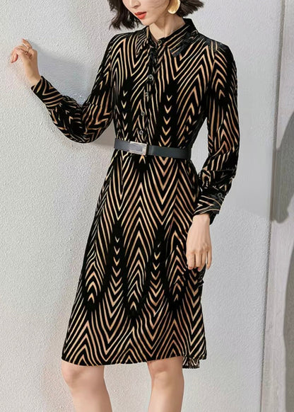 French Striped Peter Pan Collar Button Silk Velour Shirts Dress