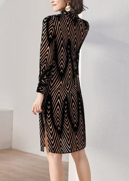French Striped Peter Pan Collar Button Silk Velour Shirts Dress