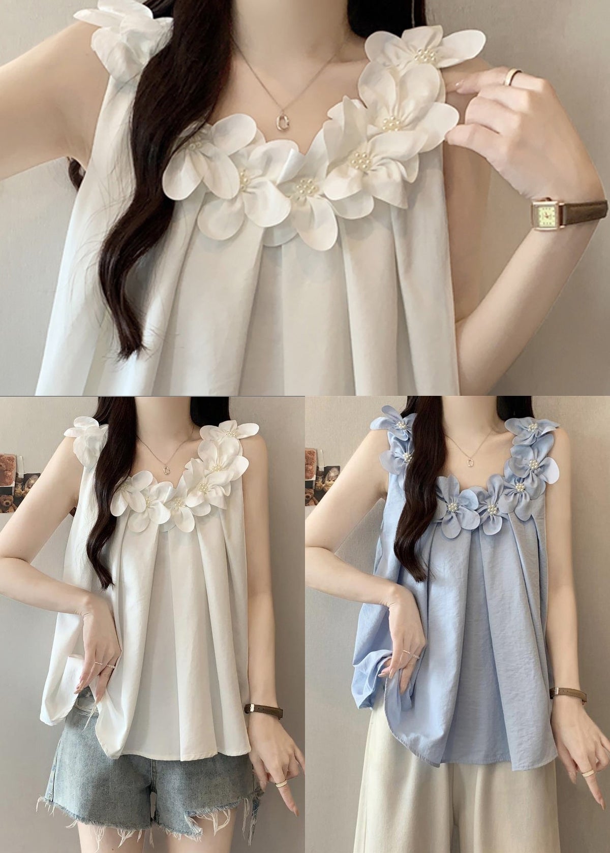 French White Oversized Floral Cotton Vests