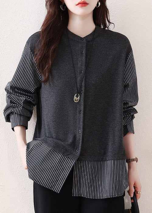 Grey Patchwork Cotton Shirts Oversized Striped