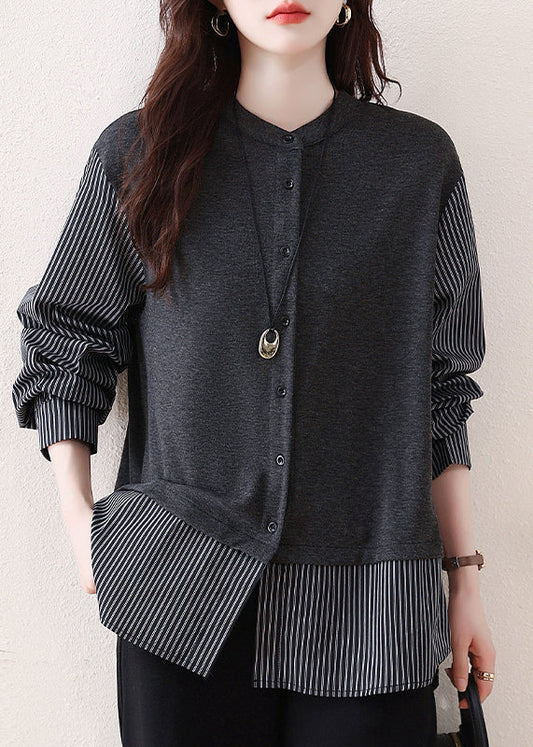 Grey Patchwork Cotton Shirts Oversized Striped