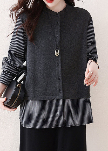 Grey Patchwork Cotton Shirts Oversized Striped