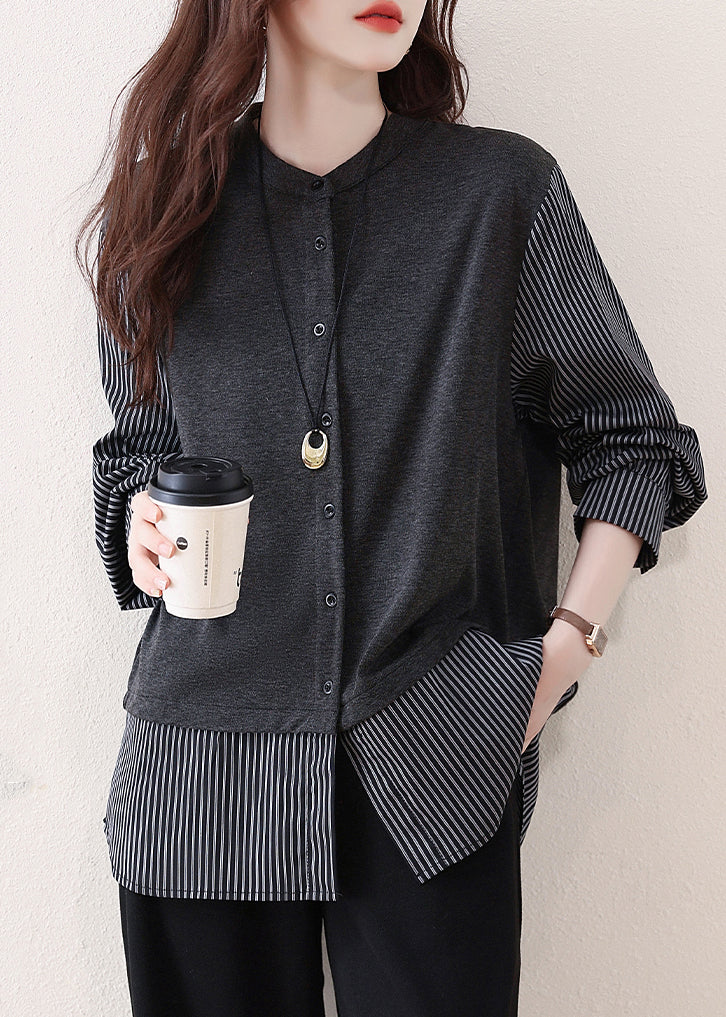 Grey Patchwork Cotton Shirts Oversized Striped