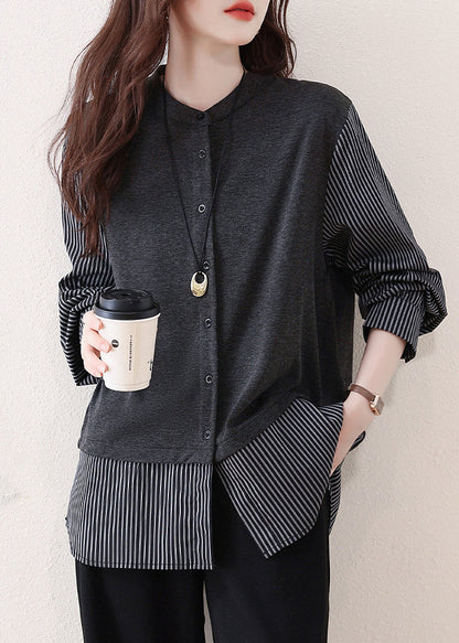 Grey Patchwork Cotton Shirts Oversized Striped