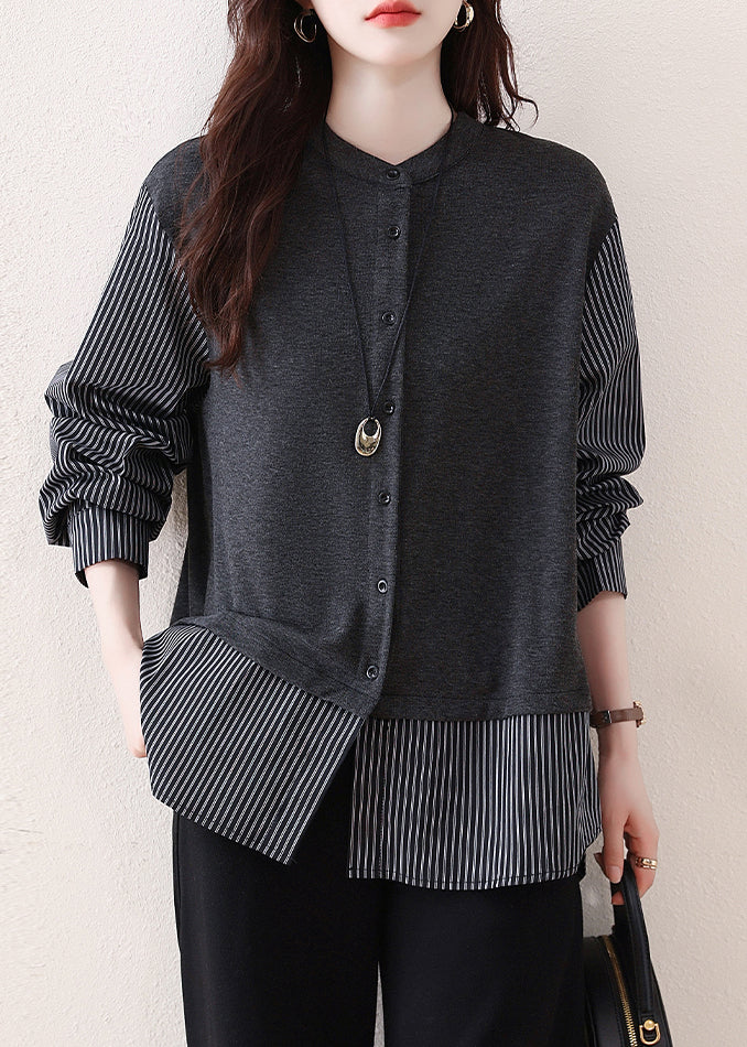 Grey Patchwork Cotton Shirts Oversized Striped