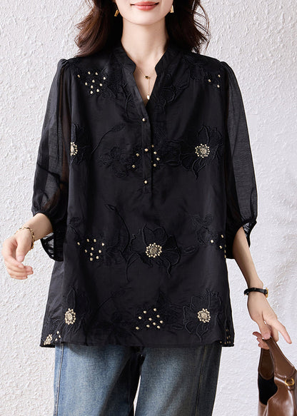 Handmade Black Embroidered Blouse Top Bracelet Sleeve
