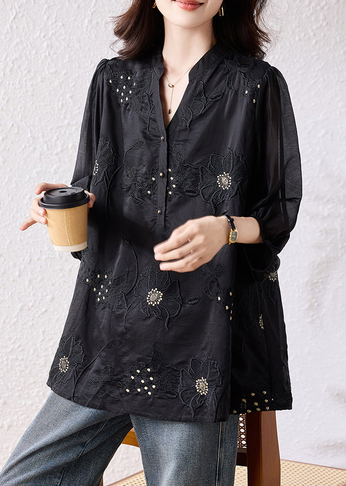 Handmade Black Embroidered Blouse Top Bracelet Sleeve