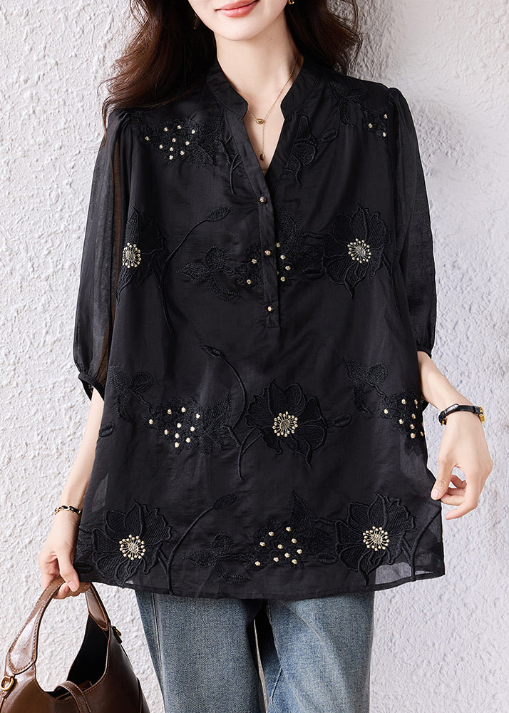 Handmade Black Embroidered Blouse Top Bracelet Sleeve