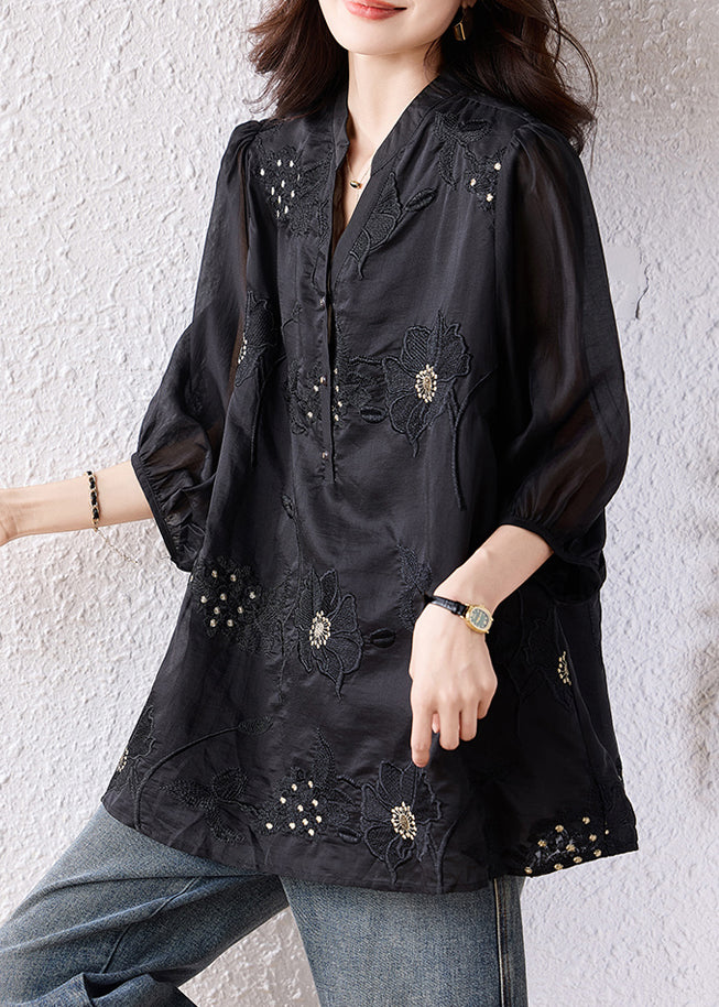 Handmade Black Embroidered Blouse Top Bracelet Sleeve