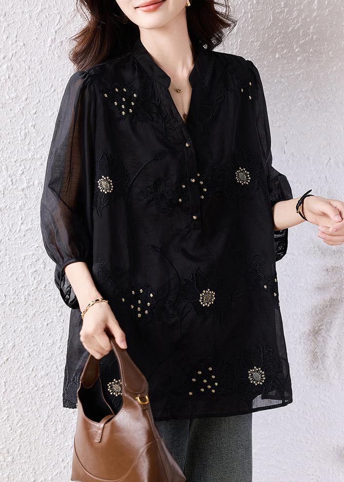 Handmade Black Embroidered Blouse Top Bracelet Sleeve