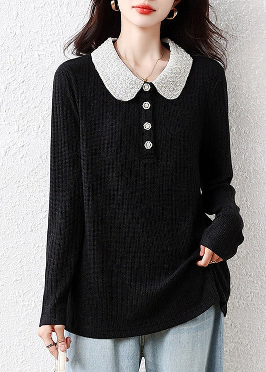 Handmade Black Peter Pan Collar Nail Bead Cotton Blouses