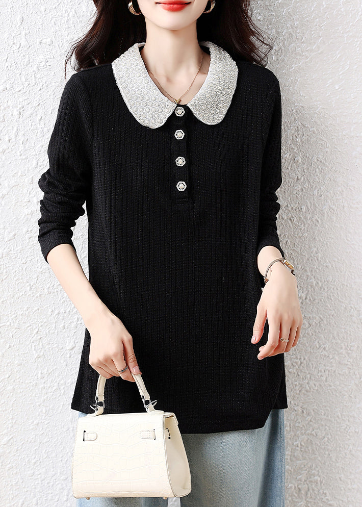 Handmade Black Peter Pan Collar Nail Bead Cotton Blouses