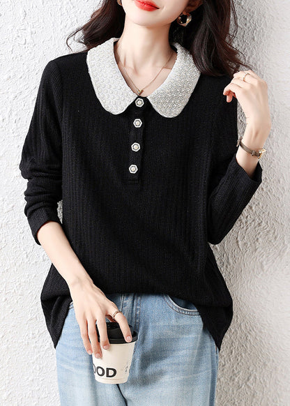 Handmade Black Peter Pan Collar Nail Bead Cotton Blouses